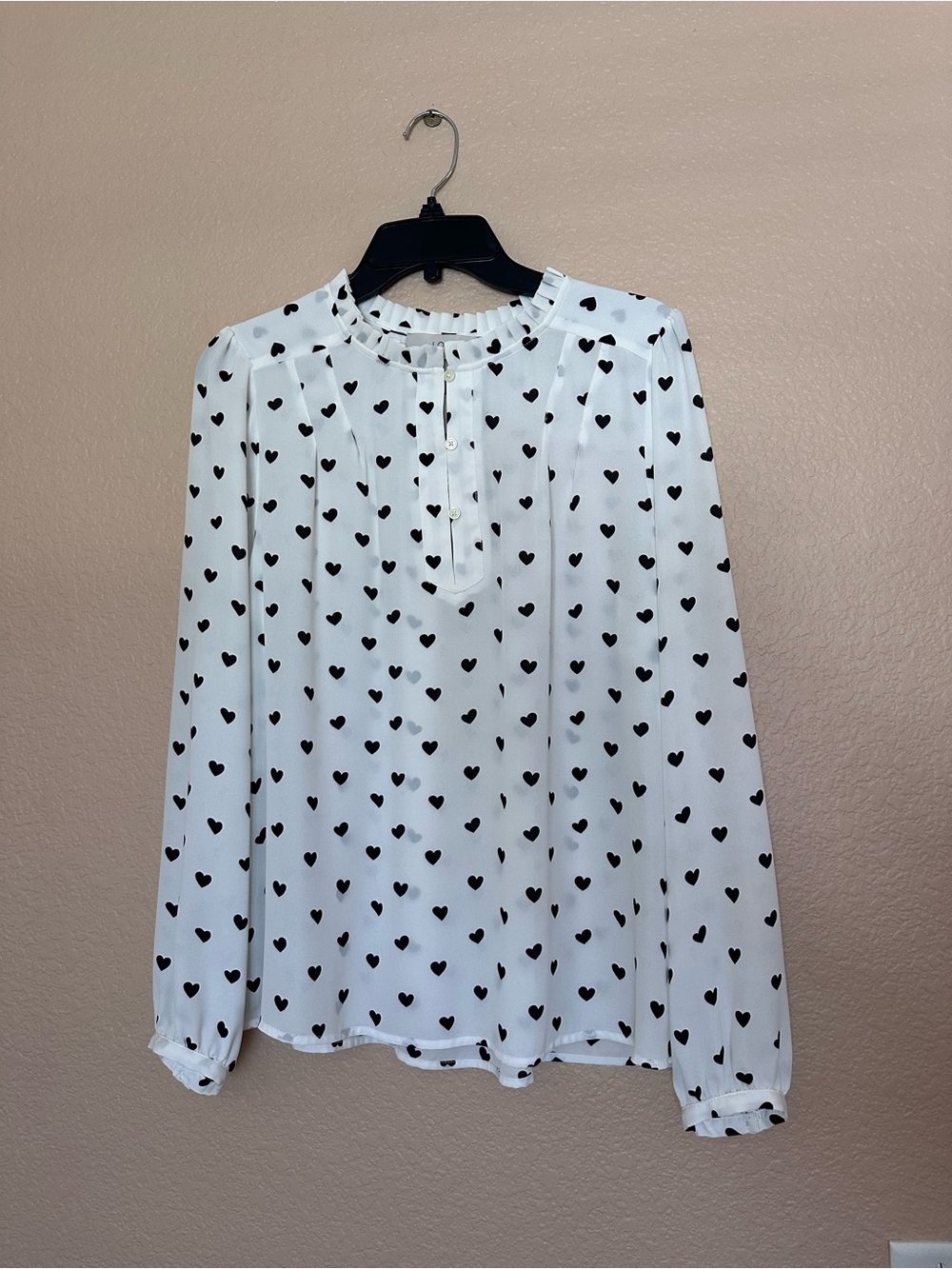 LOFT White Blouse with Black Heart Print Long Sleeves - Picture 1 of 5